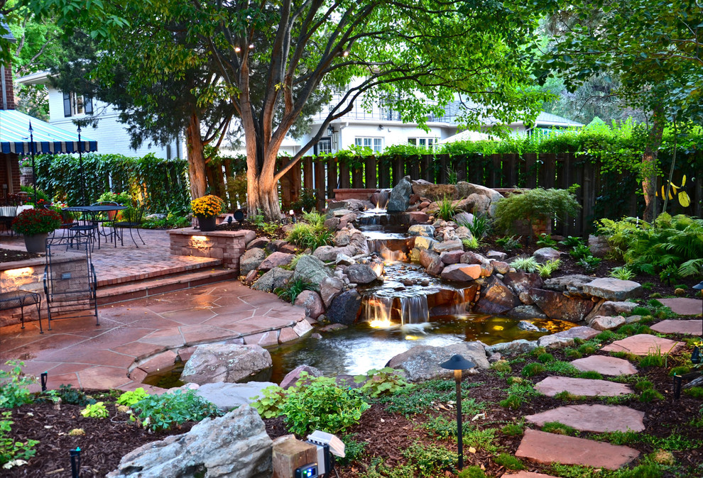 Backyard Water Features Landscape Traditional with Accent Lighting Backyard Boulders