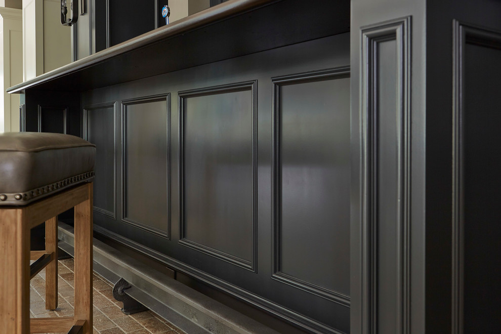 Bar Foot Rest Spaces Transitional with Barstool Brick Floor Brown