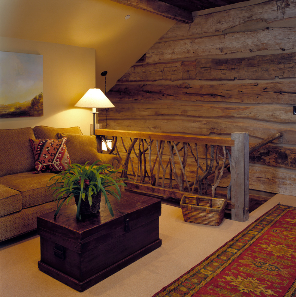 Barn Board Siding Family Room Rustic with Banister Chenille Sofa Container
