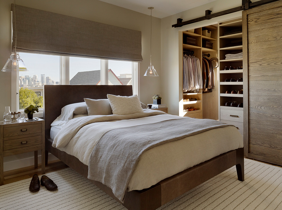 Barn Door Closet Bedroom Contemporary with Beige Bedding Beige Roman