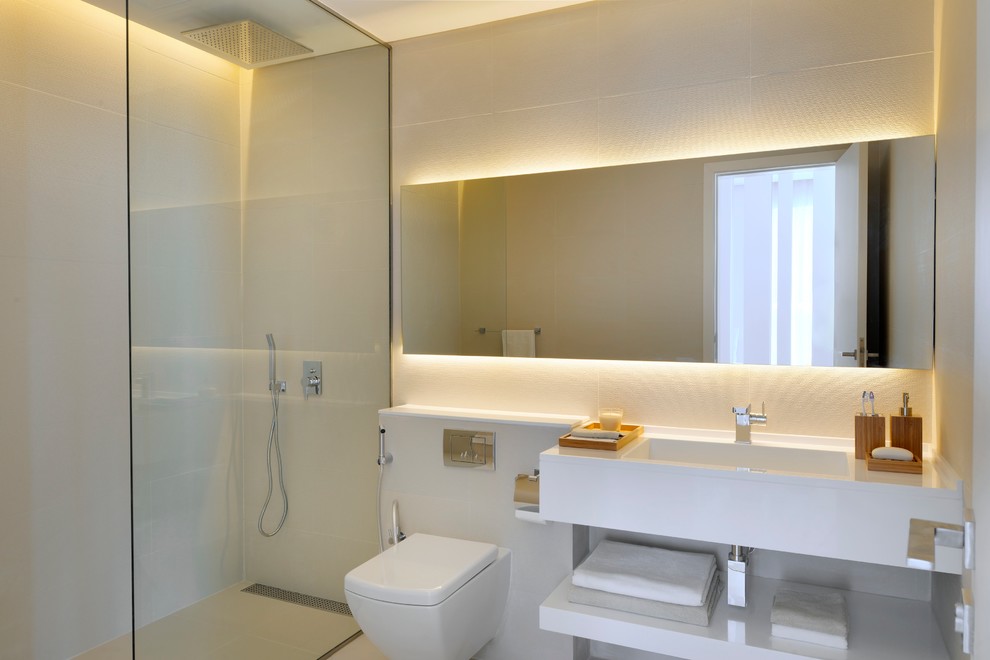 Barrier Free Shower Bathroom Contemporary with Backlit Mirror Cove Lighting