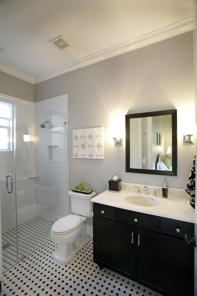 Barrier Free Shower Bathroom Contemporary with Black and White Tile