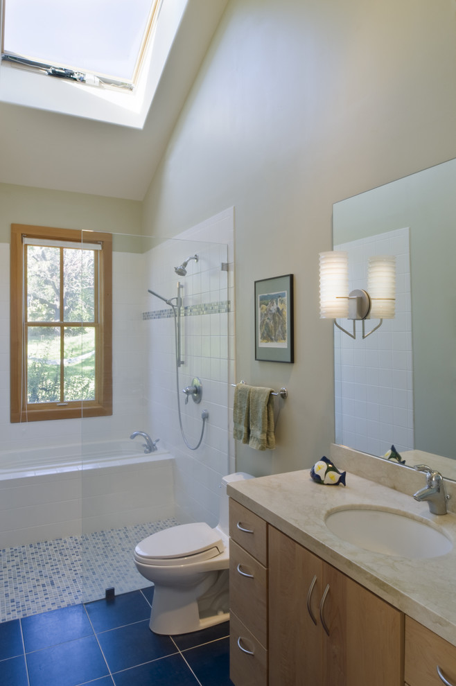 Barrier Free Shower Bathroom Contemporary with Mosaic Tiles Neutral Colors