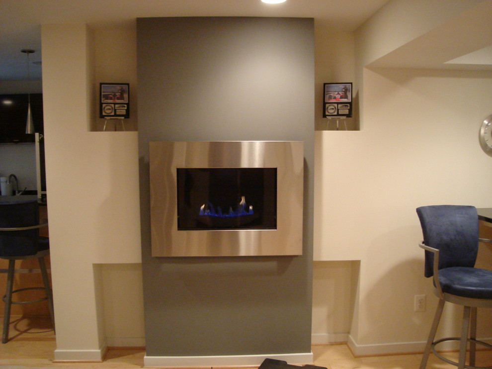 Basement Remodeling Ideas Basement Contemporary with Aluminum Paneled Fireplace Basement