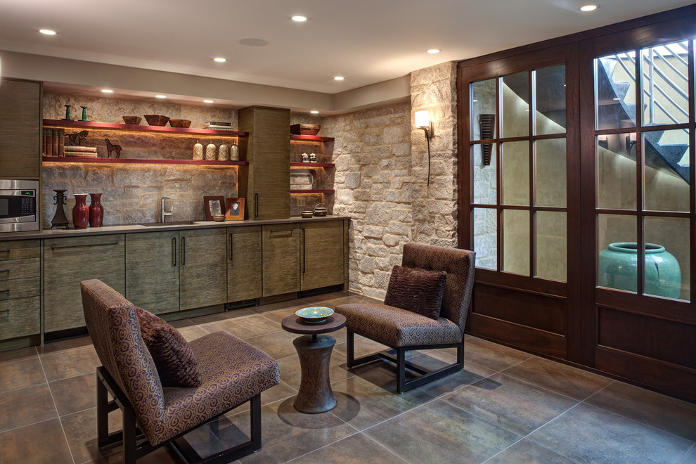 Basement Tile Floor Basement Contemporary with Built in Bar Corner