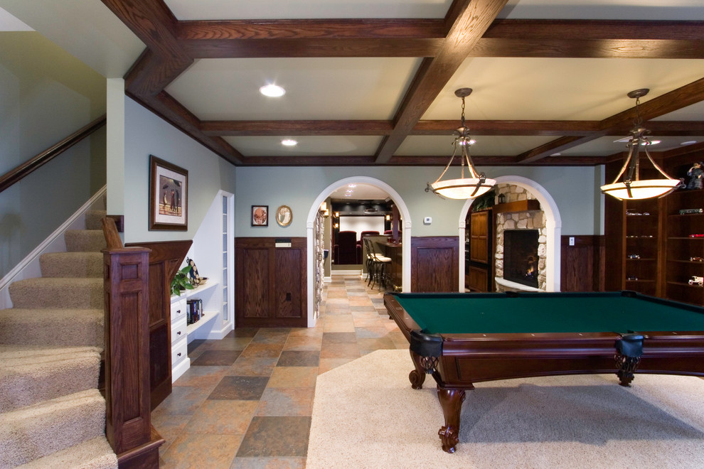 Basement Tile Floor Basement Traditional with Arches Coffered Ceiling Dark