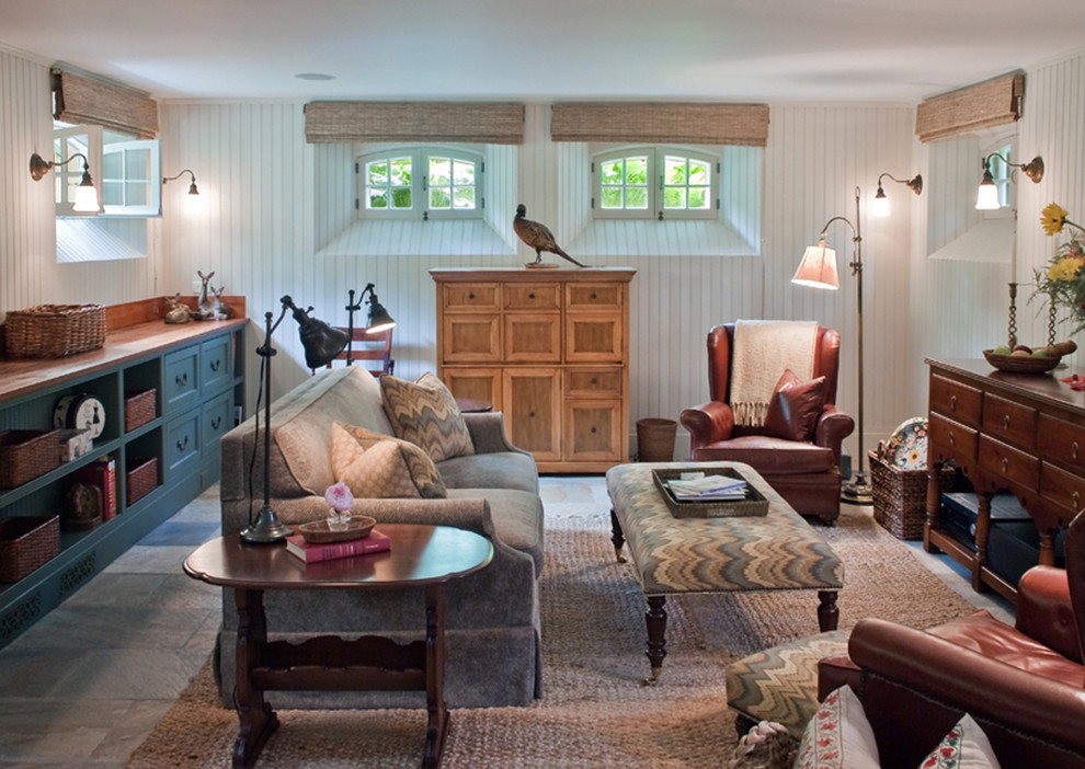 Basement Window Coverings Family Room Eclectic with Baskets Beadboard Wood Panels