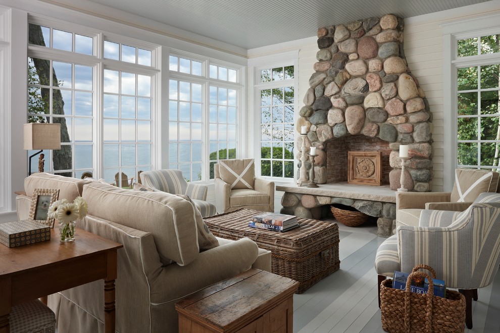 Basket Coffee Table Living Room Beach with Antique Cottage Fieldstone Fireplace
