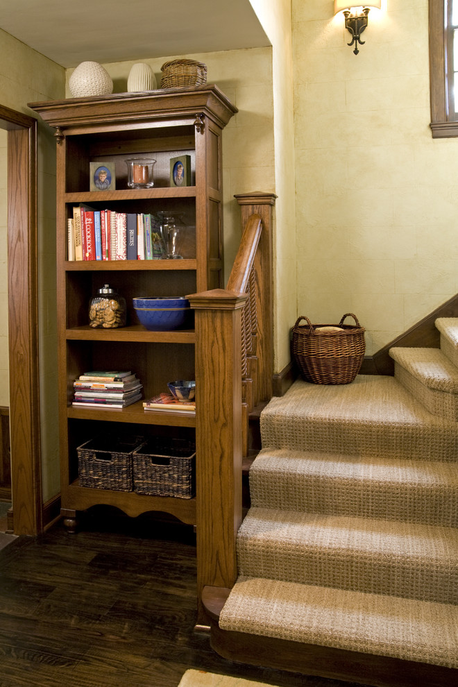 Basket Weave Carpet Staircase Traditional with Baseboards Bookcase Dark Floor