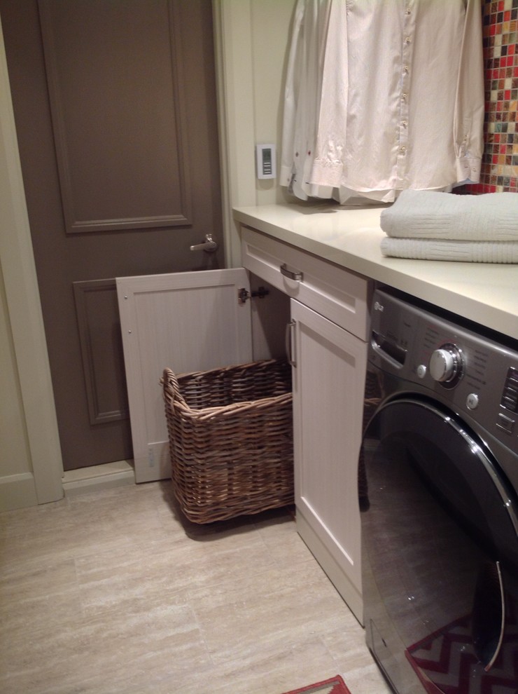 Baskets on Wheels Laundry Room Contemporary with Colorful Backsplash Counter Over