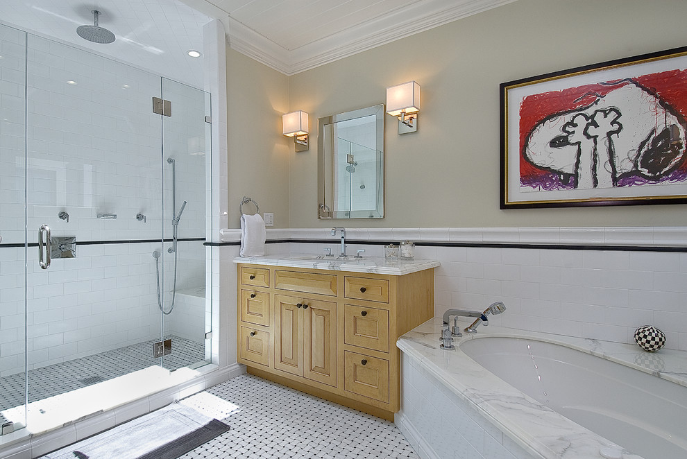 Basketweave Tile Bathroom Bathroom Traditional with Alcove Tub Alder Cabinets