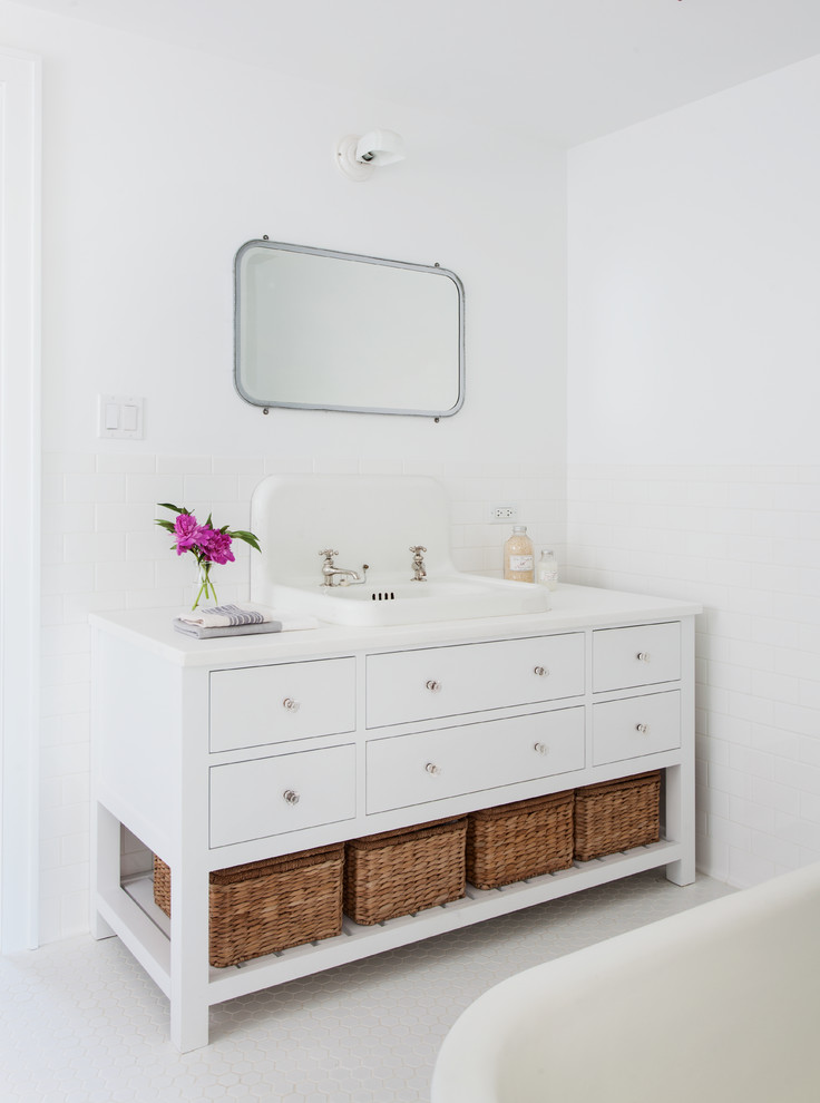 Bathroom Farmhouse Sink Bathroom Transitional with Mirror Open Shelf Rounded