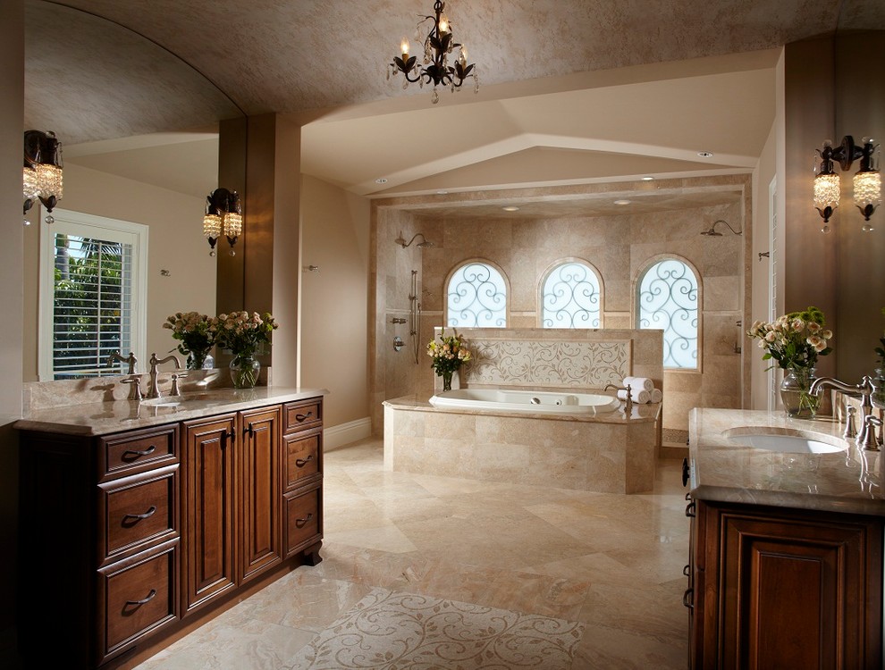 Bathroom Floor Tile Patterns Bathroom Mediterranean with Arched Windows Beige Chandelier