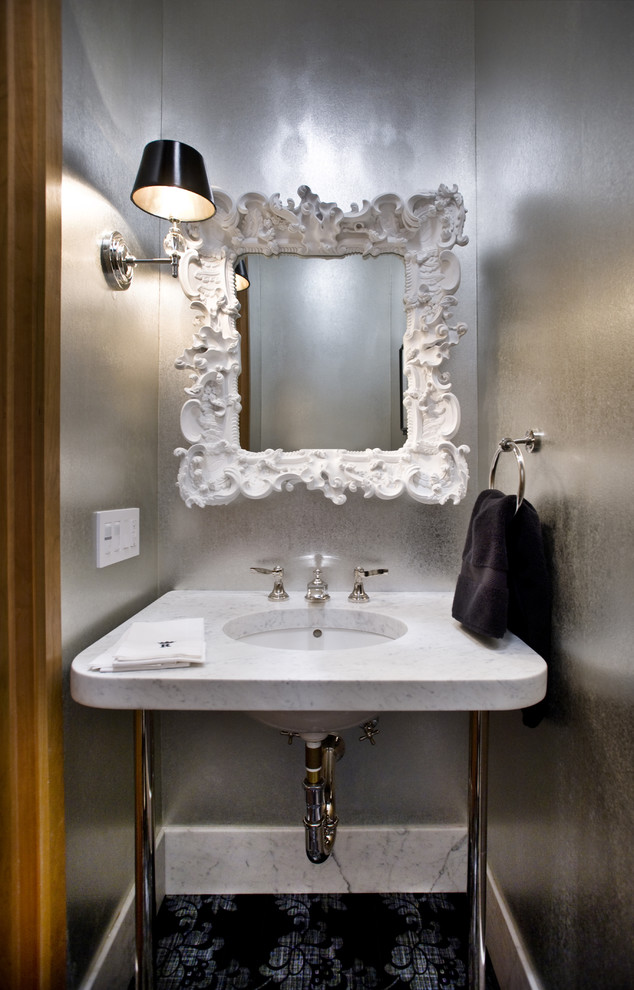 Bathroom Mirrors Ideas Powder Room Contemporary with Black Metal Mirror Silver1