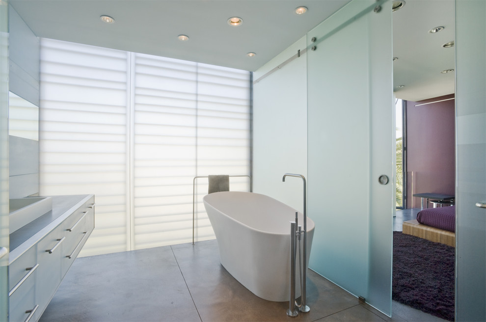 Bathroom Sliding Doors Bathroom Contemporary with Concrete Floor Floating Vanity