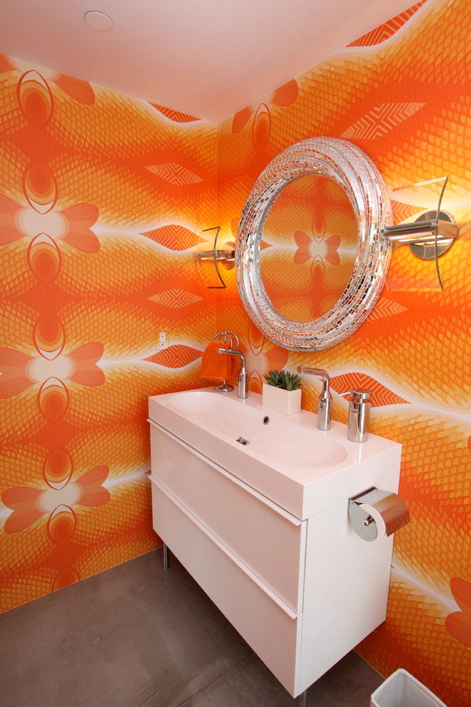 Bathroom Trough Sink Powder Room Contemporary with Bathroom Wallpaper Bold Double1