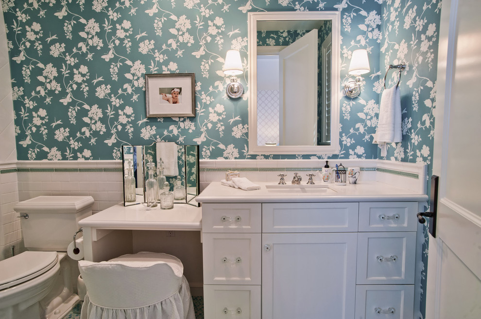 Bathroom Vanity with Makeup Table Bathroom Traditional with Blue Floral Wallpaper Green