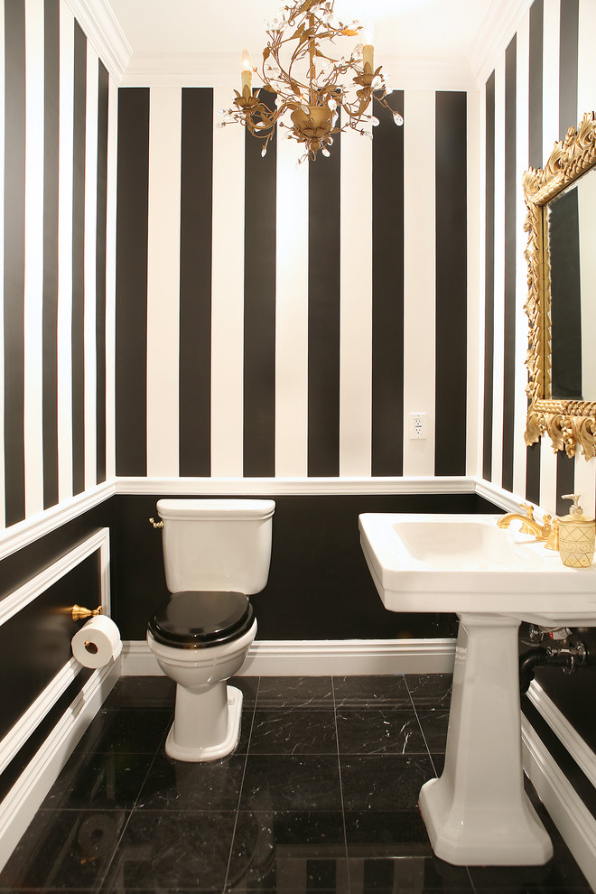 Bathroom Wastebasket with Lid Powder Room Traditional with Baseboards Black and White
