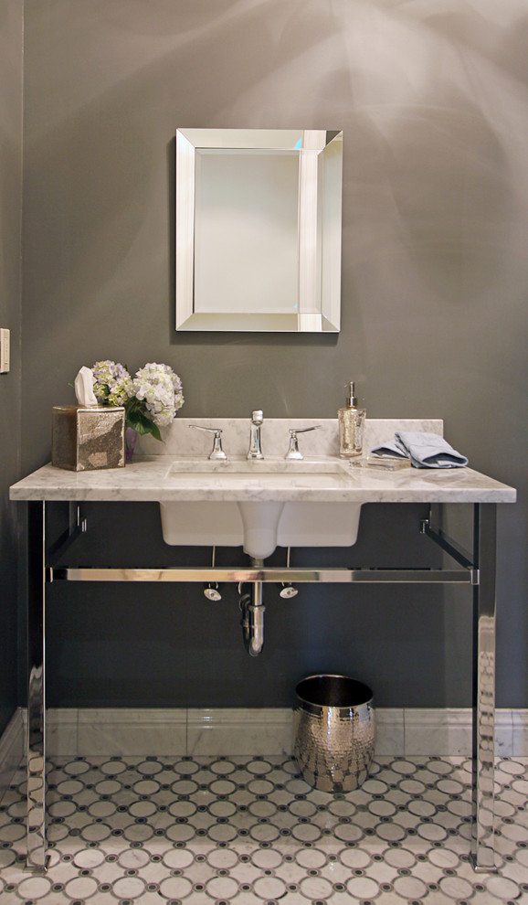 Bathroom Wastebasket with Lid Powder Room Transitional with Beveled Mirror Circle Pattern