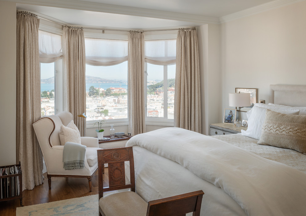Bay Window Curtains Bedroom Traditional with Bay Window Beige Armchair