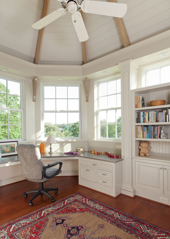 Bay Window Desk Home Office Traditional with Area Rug Built in Cabinets