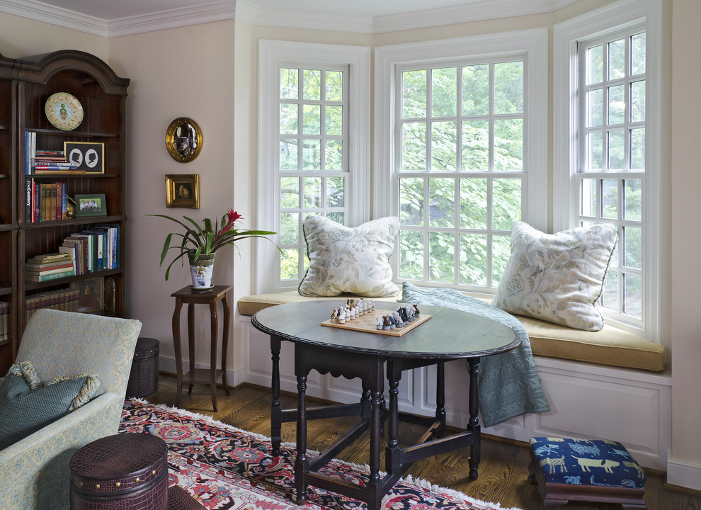 Bay Window Seating Family Room Traditional with Accent Table at Window