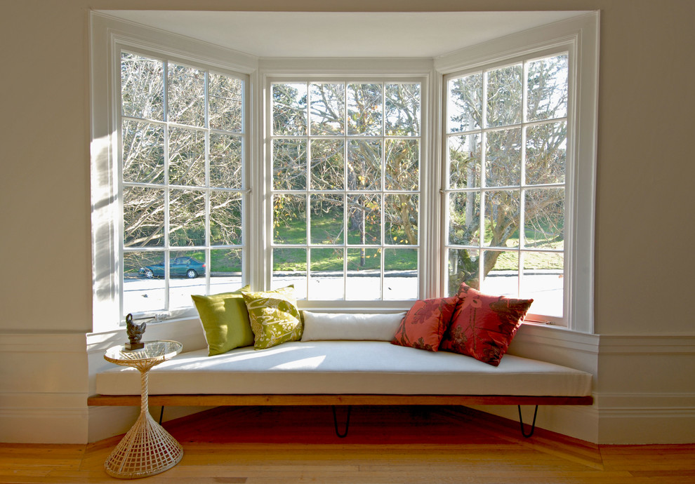 Bay Window Seating Living Room Midcentury with Accent Table Asian Baseboard