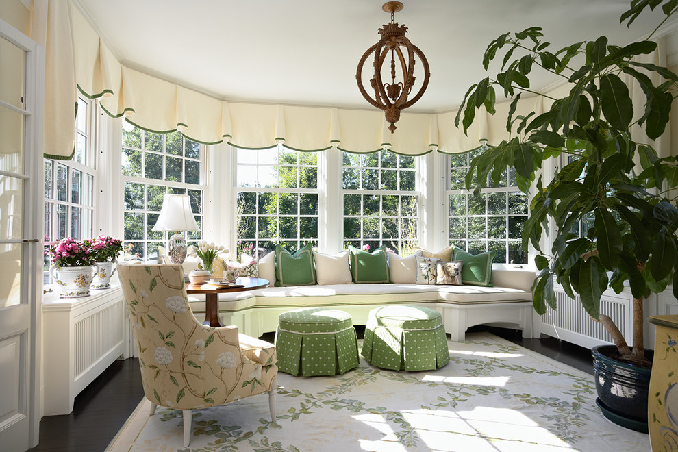 Bay Window Valances Sunroom Traditional with Area Rug Chandelier Dark