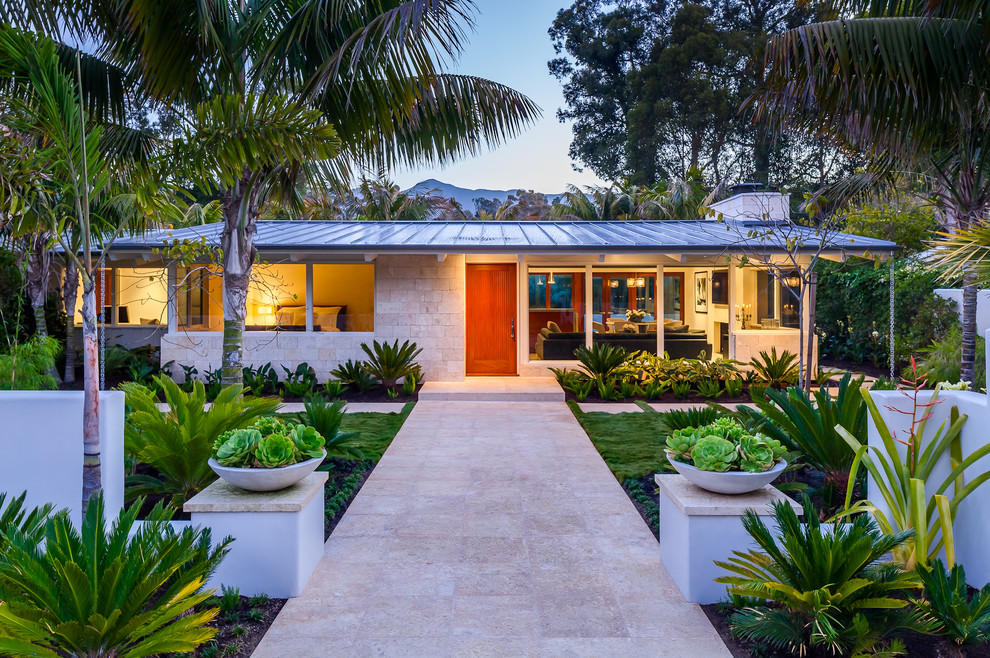 Beach Bungalow Decor Exterior Midcentury with Entry Front Entry Gable