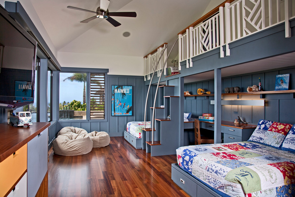 Bed with Desk Underneath Kids Tropical with Architectural Photograrphy Blue Walls