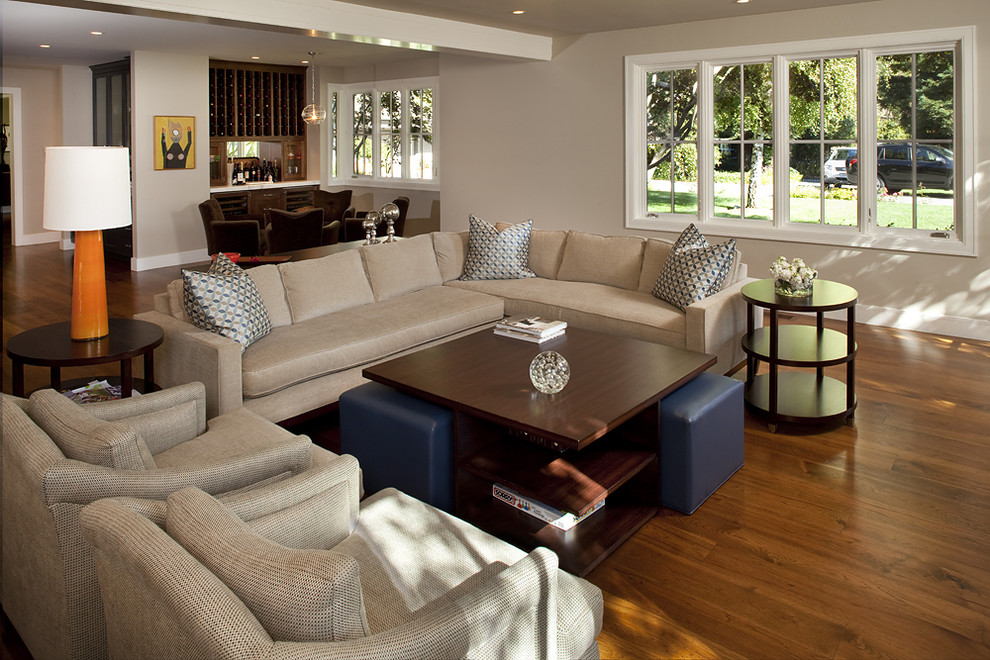 Bench Cushion Sofa Living Room Contemporary with Hardwood Floors Open Floor