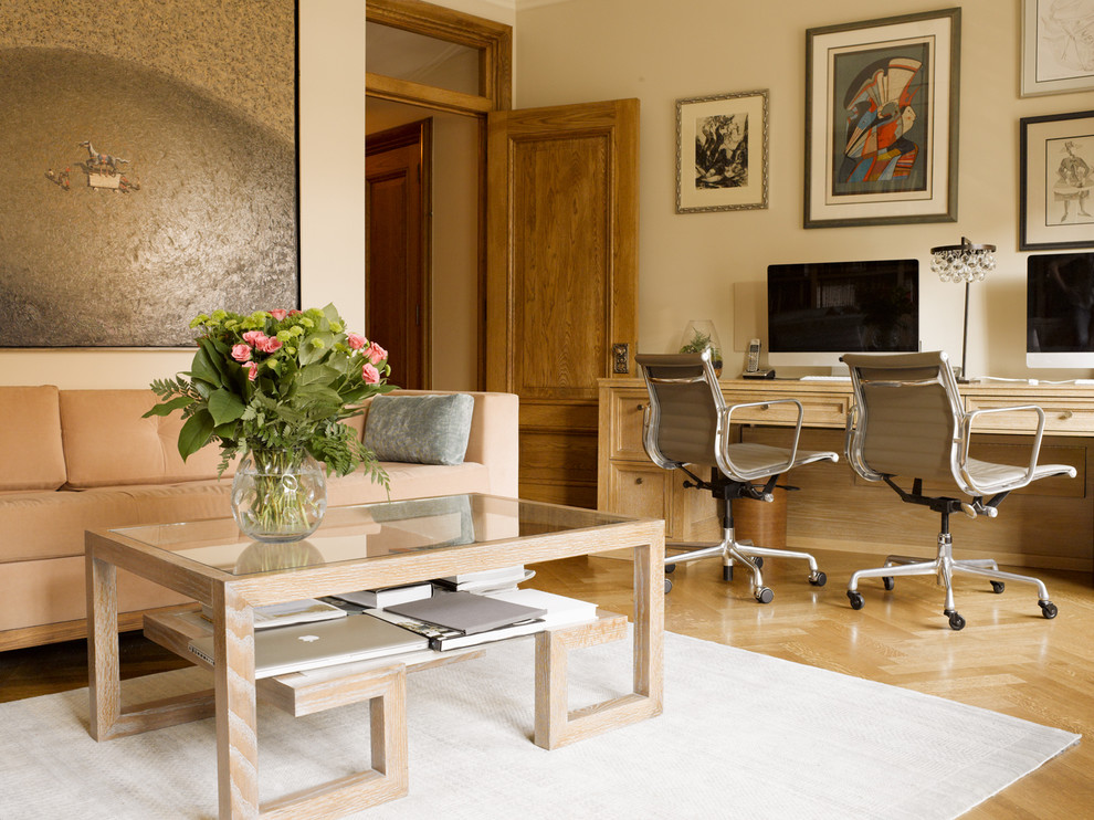 Bent Glass Coffee Table Home Office Transitional with Artwork Beige Sofa Cerused