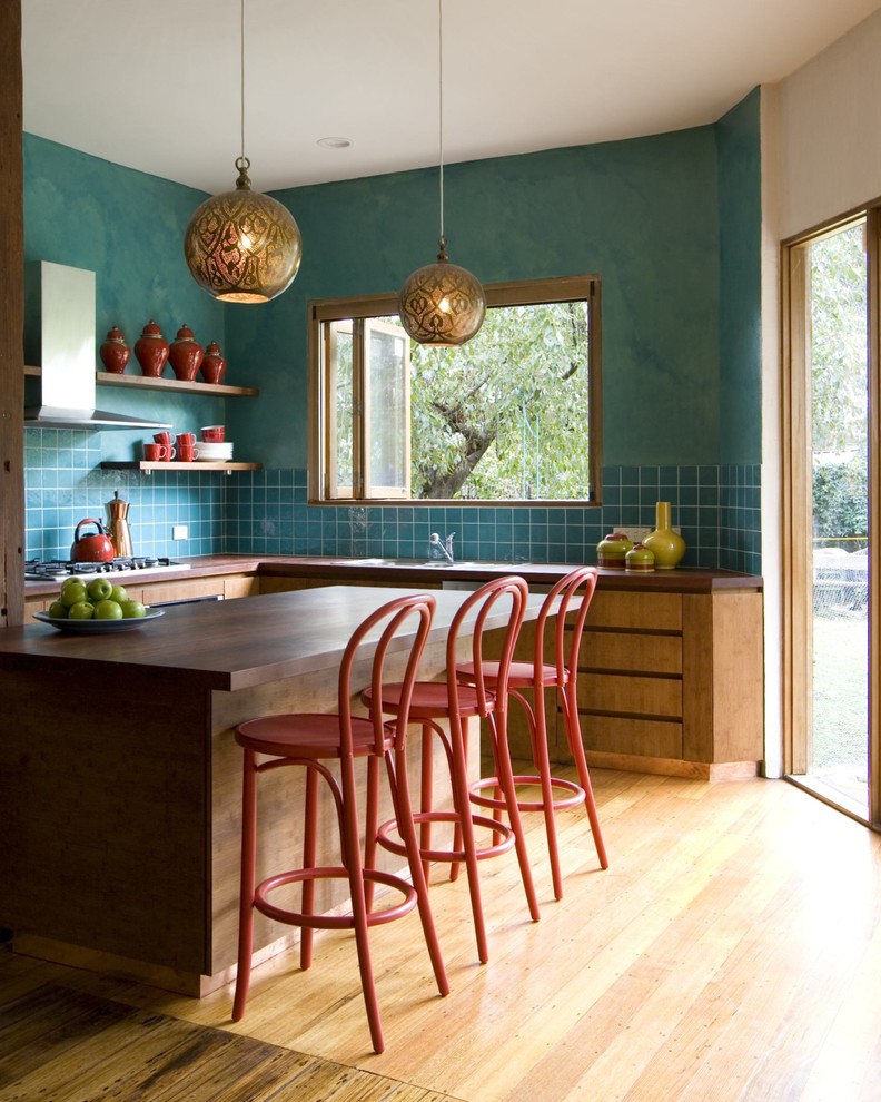 Bentwood Bar Stools Kitchen Contemporary with Bamboo Cabinetry Blue Tile