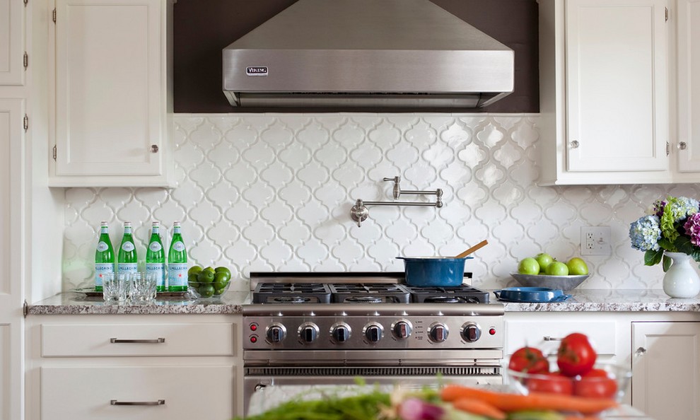 Beveled Arabesque Tile Kitchen with None 