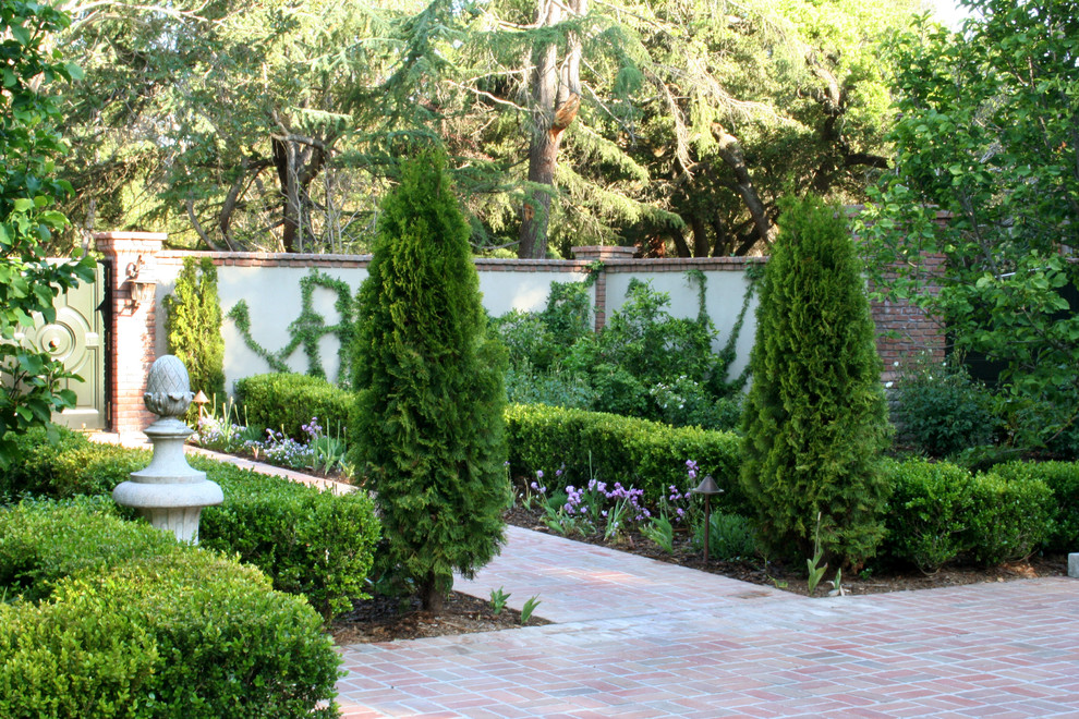 Black Aluminum Fence Landscape Traditional with Boxwood Brick Classic Courtyard