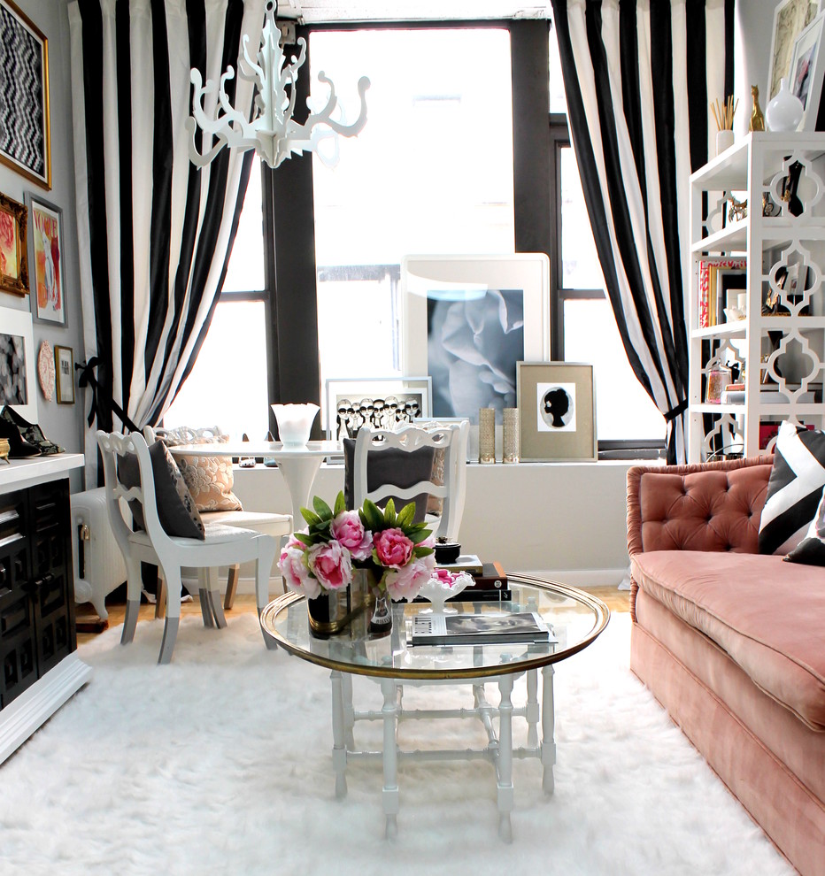 Black and White Drapes Living Room Eclectic with Art Black and White