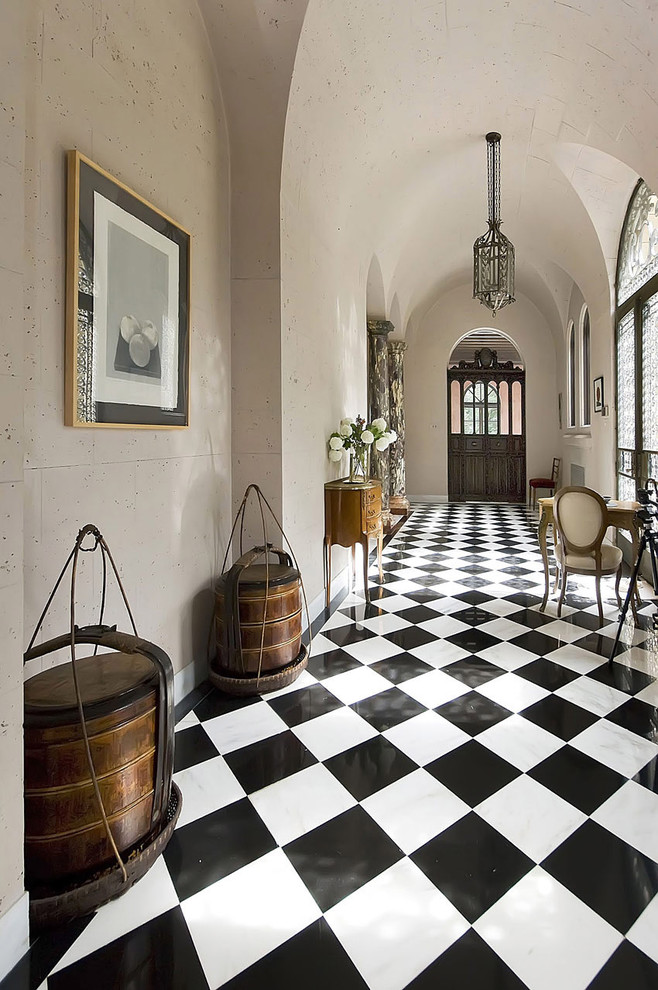 Black and White Tile Kitchen Hall Traditional with Antiques Archway Black And