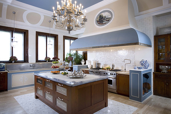 Black and White Tile Kitchen Kitchen Traditional with Artistic Tile Backsplash Blue