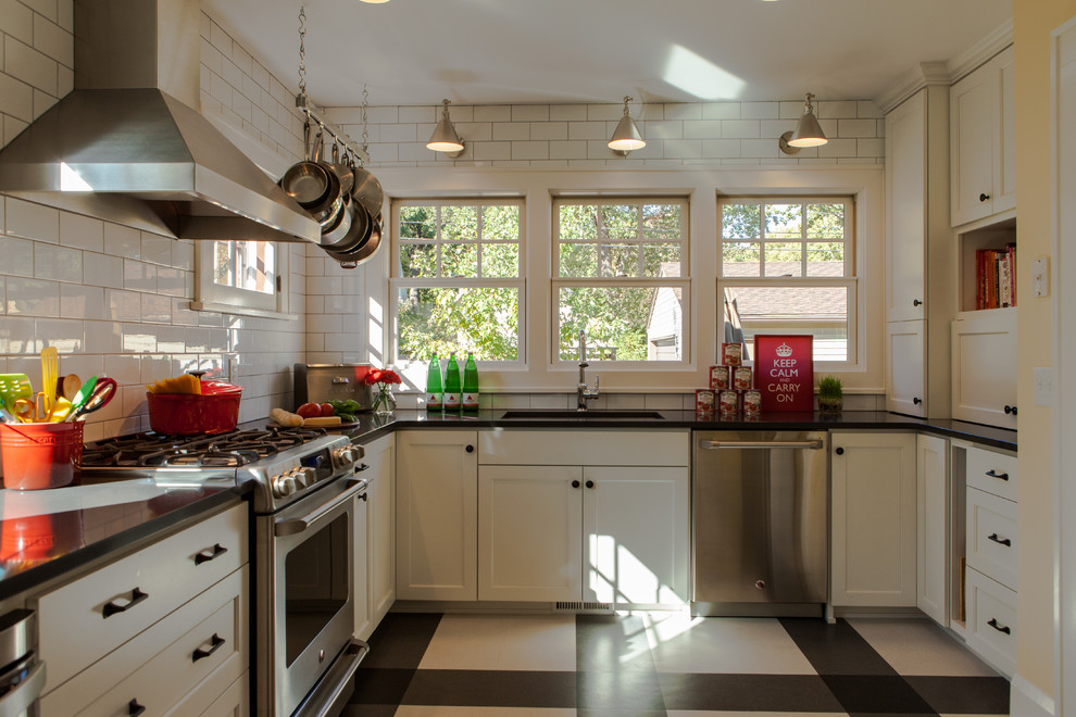 Black and White Tile Kitchen Kitchen Transitional with Beige and Black Floor