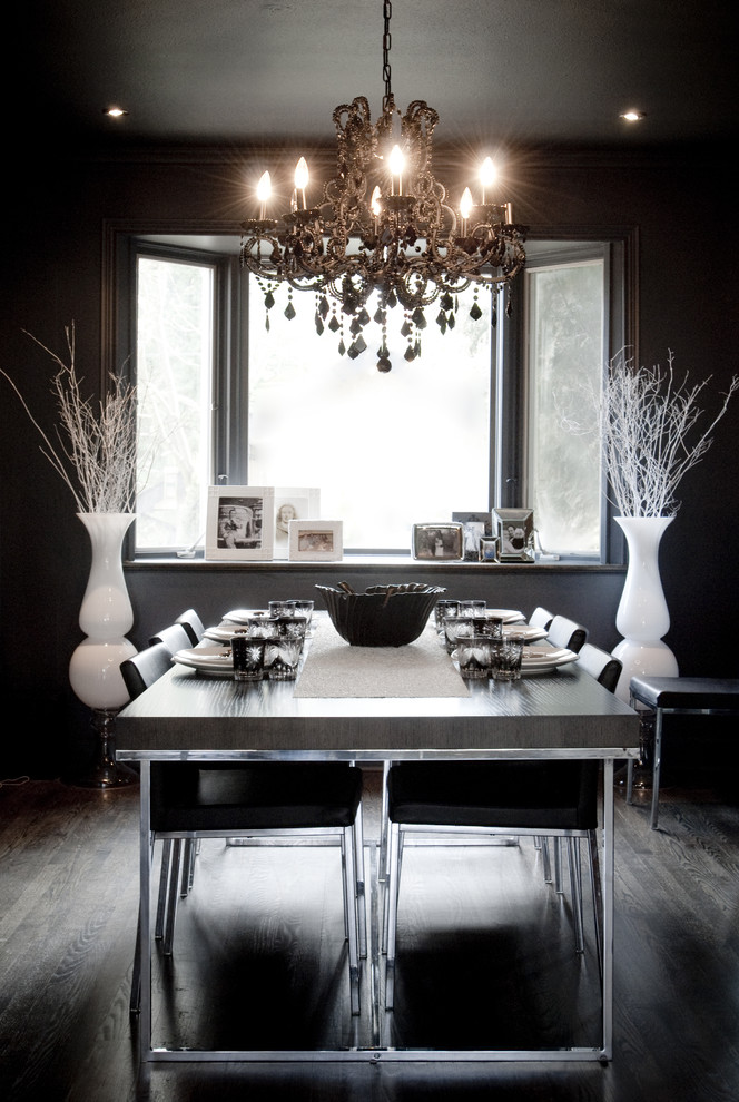 Black Crystal Chandelier Dining Room Eclectic with Bay Window Black Wall