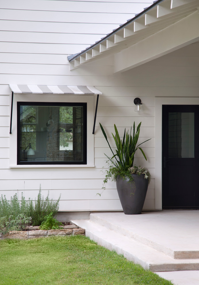 Black Entry Door Entry Farmhouse with Awning Black and White