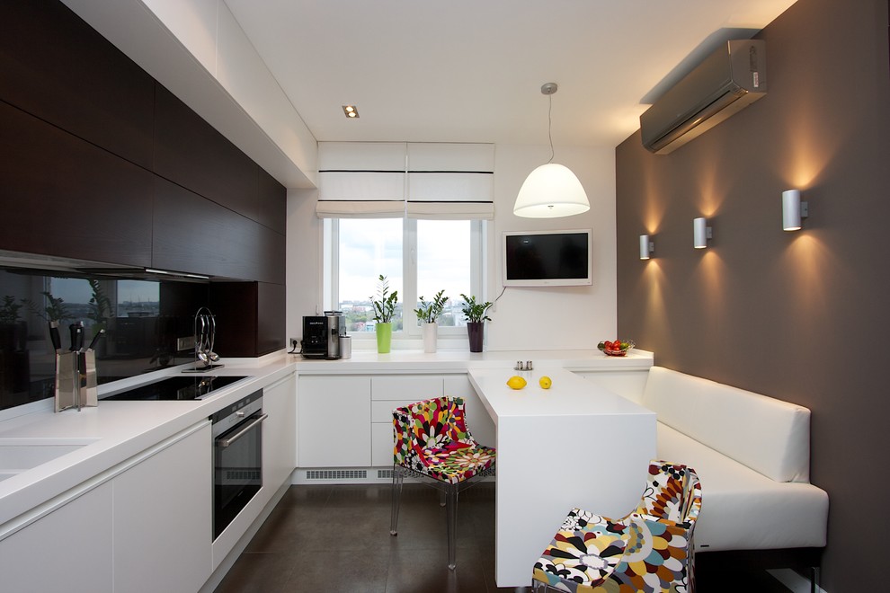Black Glass Backsplash Kitchen Contemporary with Banquette Seating Black Glass