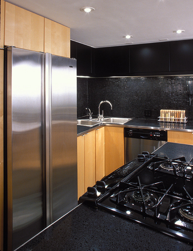 Black Glass Backsplash Kitchen Modern with Birch Cabinetry Black Cabinets