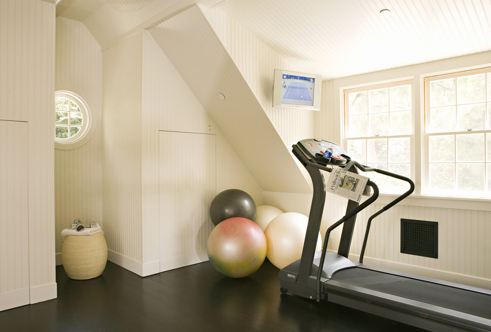Black Hardwood Flooring Home Gym Transitional with Baseboards Beadboard Dark Floor