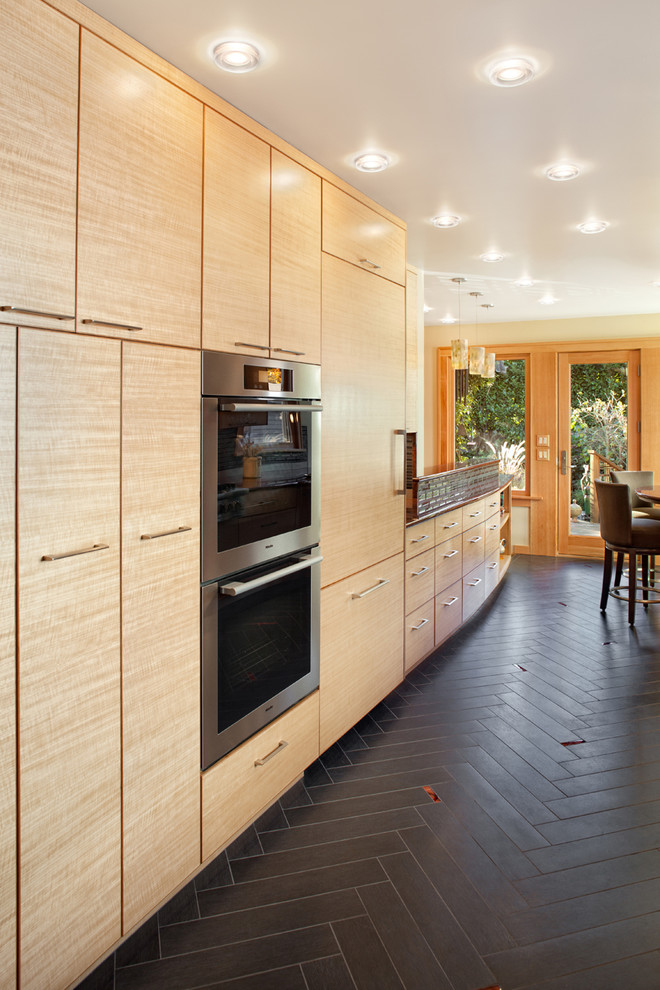 Black Hardwood Flooring Kitchen Contemporary with Accent Tiles Ceiling Lighting