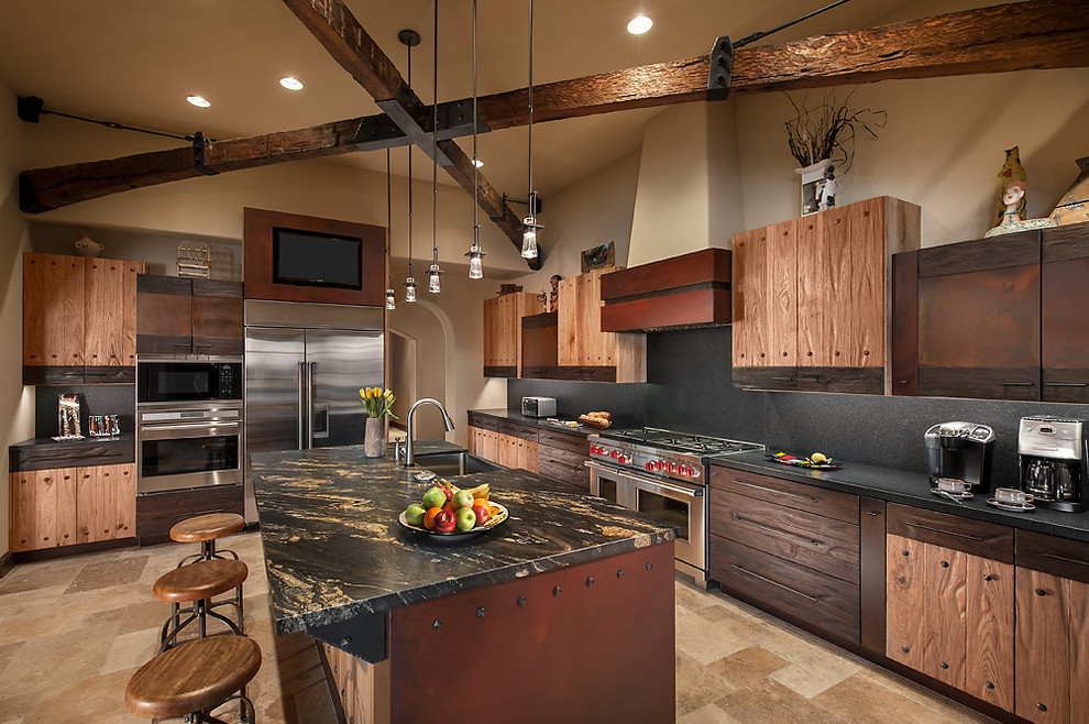 Black Honed Granite Kitchen Mediterranean with Beige Stone Floor Beige