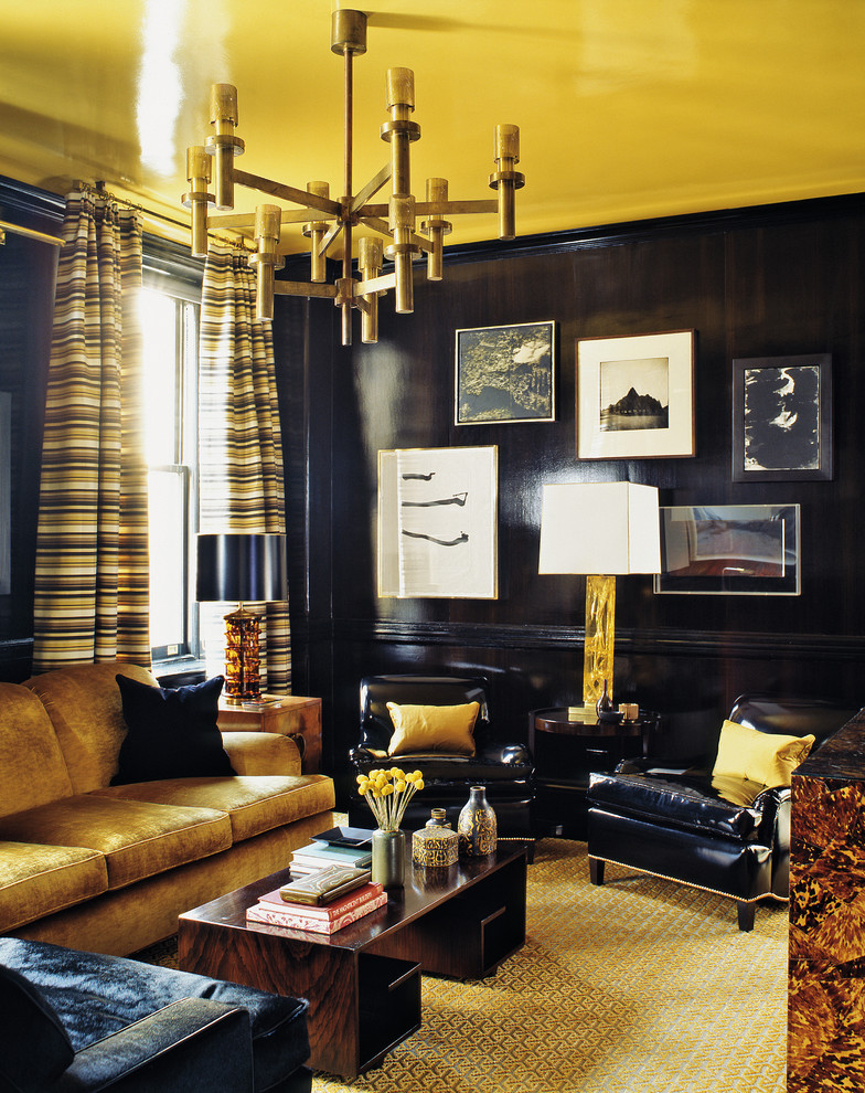 Black Lacquer Furniture Living Room Contemporary with Chandelier Curtains Dark Walls