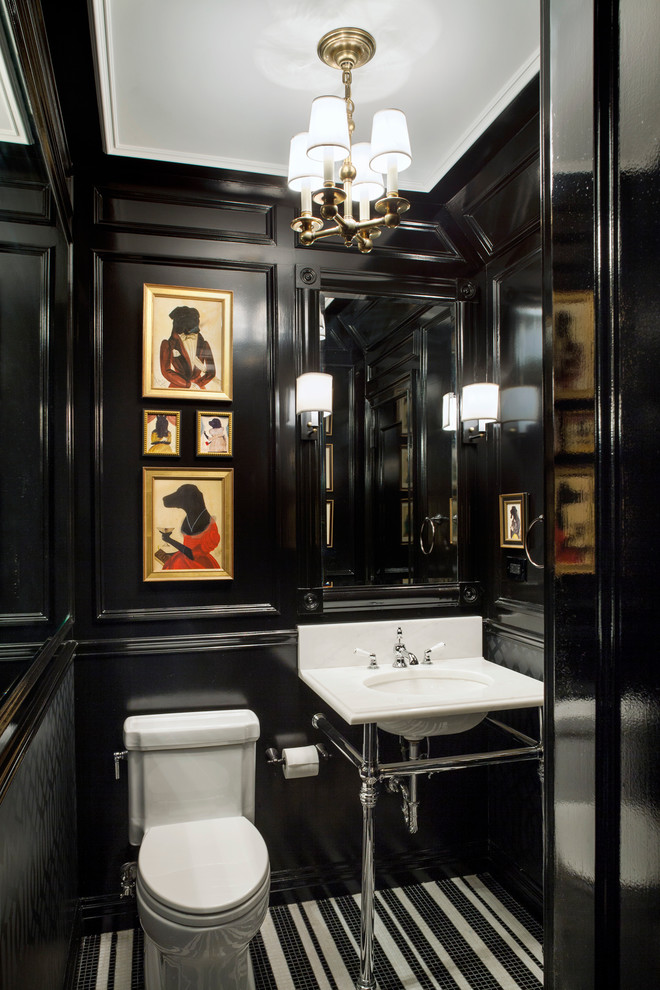 Black Lacquer Furniture Powder Room Traditional with Black and White Tile