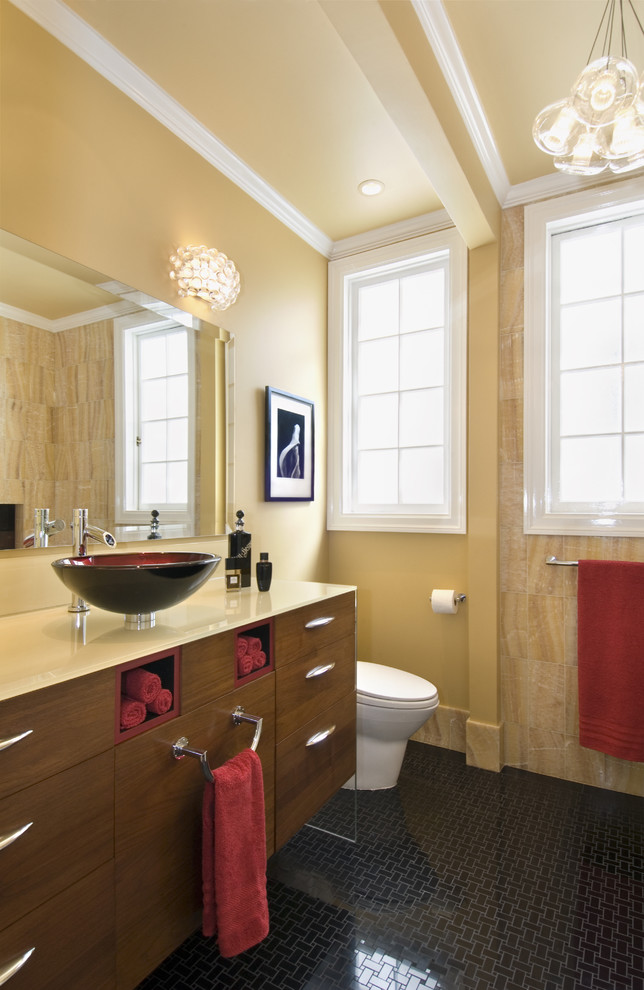Black Marble Floor Bathroom Contemporary with Back Painted Glass Counter Top