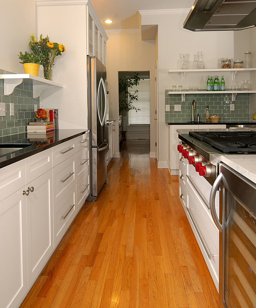 Black Pearl Granite Countertops Kitchen Transitional with Glass Tile Backsplash Kitchen